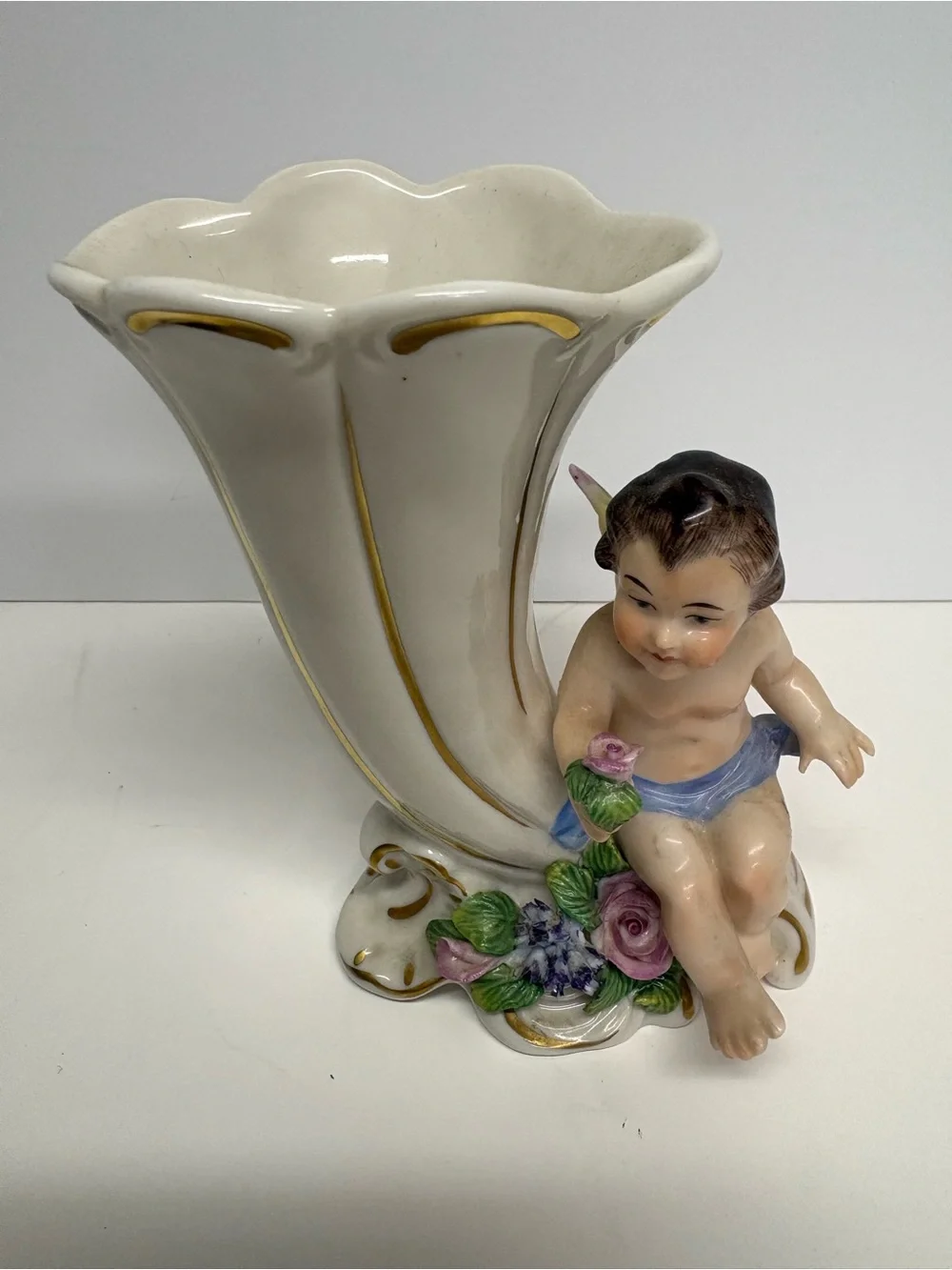 Vintage Porcelain Cherub Cornucopia Vase in White and Gold